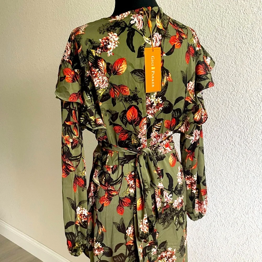 GIGI PARKER • Ruffled Long Sleeve Wrap Dress Safari Floral Deep Lichen Green NWT - Picture 9 of 13